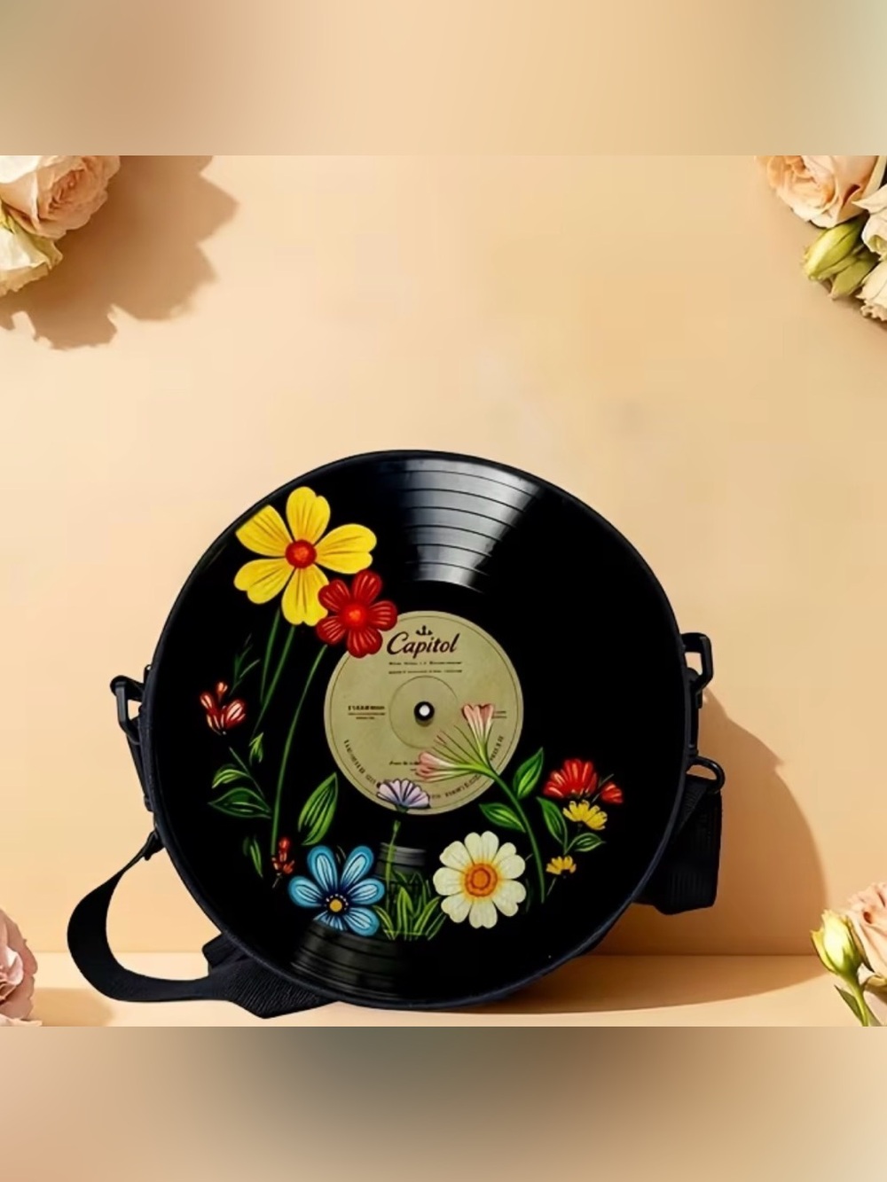 New 2D-Painted Record Crossbody Bag with Floral Design